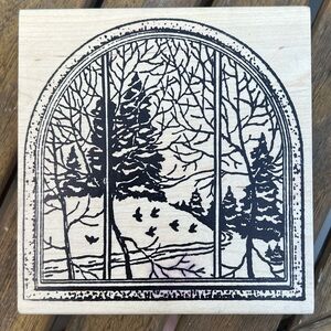 Magenta Arched Window Winter Scene Rubber Stamp Christmas Nature